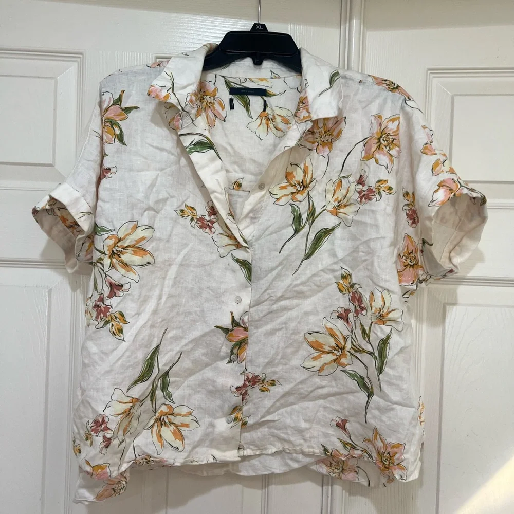 rachel roy linen top‎ Tropical Floral Boxy Shirt Relaxed Beach Resort Wear Large